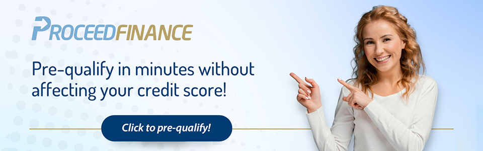 Woman smiling while pointing at ProceedFinance pre-qualification offer for dental financing without credit impact.