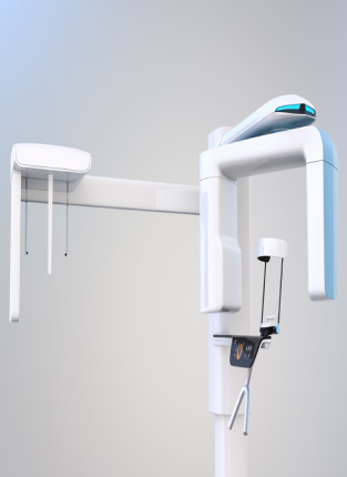 Modern dental X-ray machine mounted on white ceiling in clinical dental office setting.