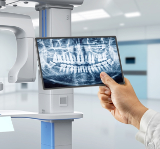 Dentist examining panoramic X-ray of patient's teeth in modern dental office with imaging equipment.