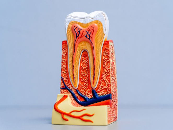 Anatomical dental model showing tooth cross-section with pulp, nerves, and blood vessels against blue background.