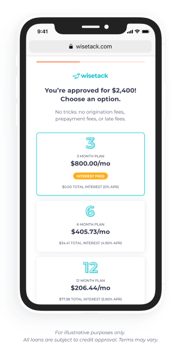Mobile phone displaying dental financing approval options with three payment plan choices ranging from $300-$800 monthly.